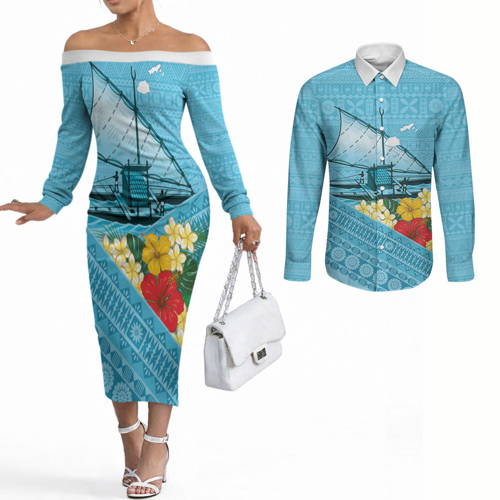 Personalised Bula Vinaka Fiji Drua Couples Matching Off The Shoulder Long Sleeve Dress and Long Sleeve Button Shirt Fijian Traditional Canoe Tapa Cloth Blue LT14 Blue - Polynesian Pride