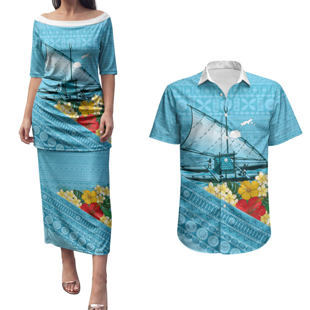 Personalised Bula Vinaka Fiji Drua Couples Matching Puletasi and Hawaiian Shirt Fijian Traditional Canoe Tapa Cloth Blue