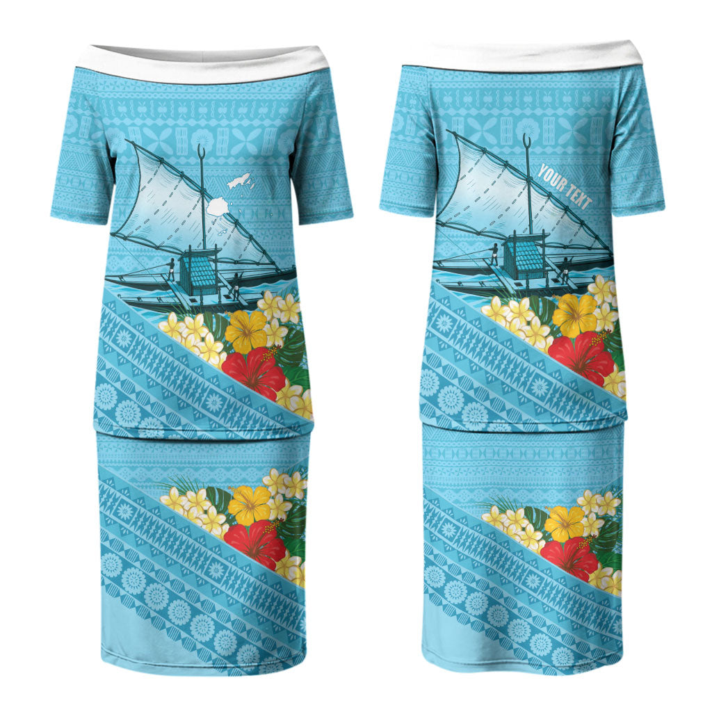 Personalised Bula Vinaka Fiji Drua Couples Matching Puletasi and Hawaiian Shirt Fijian Traditional Canoe Tapa Cloth Blue LT14 - Polynesian Pride