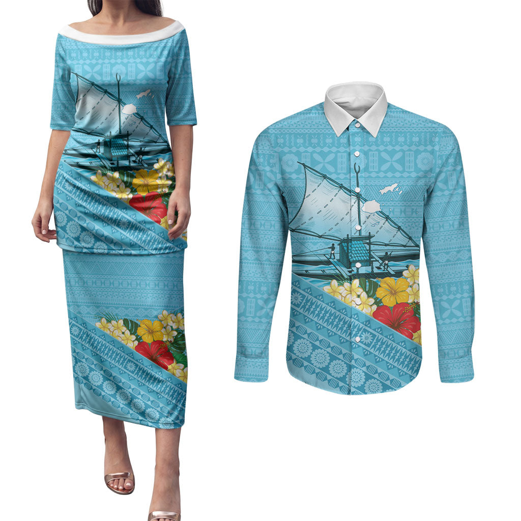 Personalised Bula Vinaka Fiji Drua Couples Matching Puletasi and Long Sleeve Button Shirt Fijian Traditional Canoe Tapa Cloth Blue