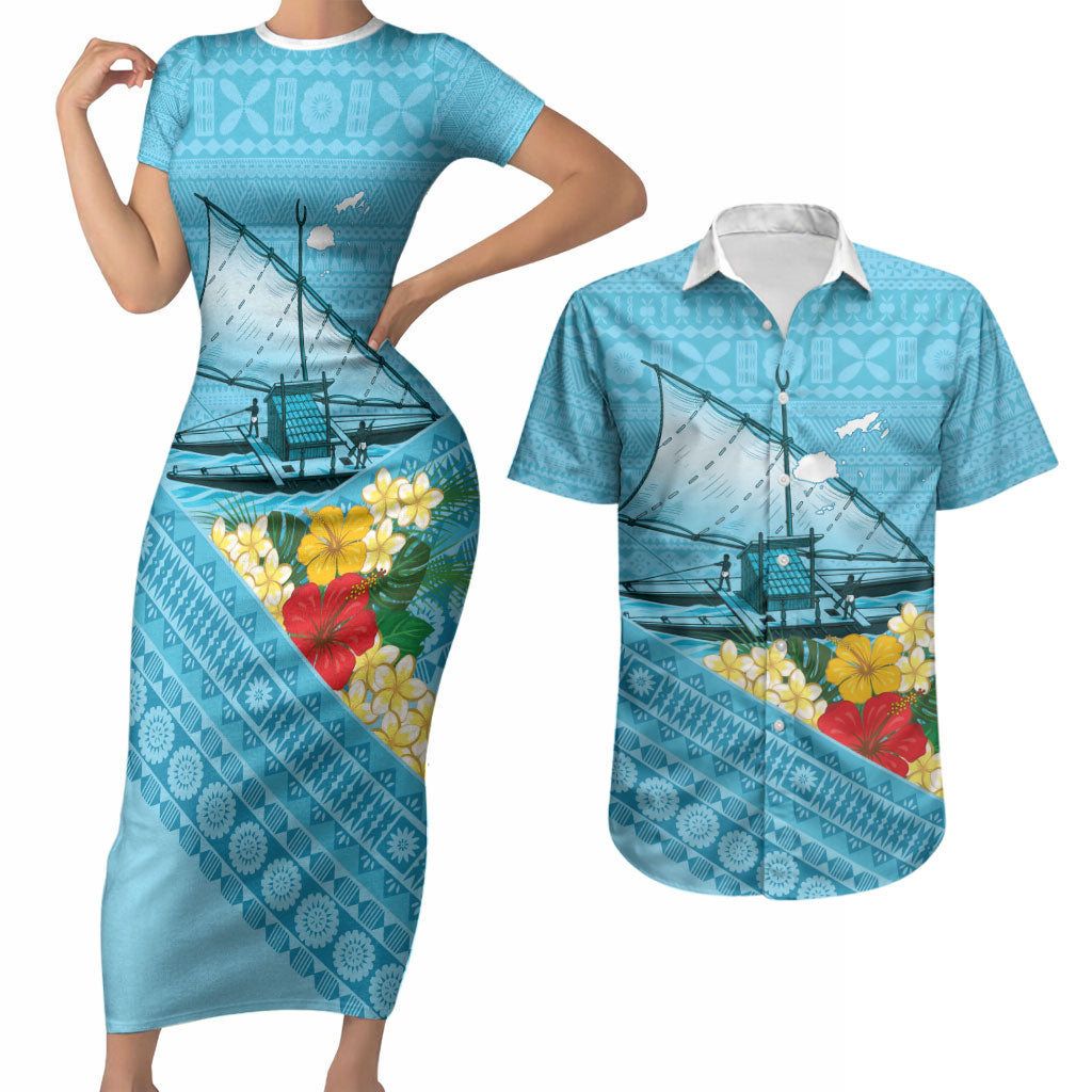 Personalised Bula Vinaka Fiji Drua Couples Matching Short Sleeve Bodycon Dress and Hawaiian Shirt Fijian Traditional Canoe Tapa Cloth Blue LT14 Blue - Polynesian Pride