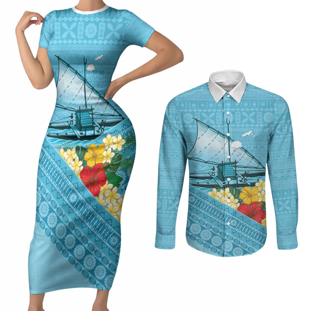 Personalised Bula Vinaka Fiji Drua Couples Matching Short Sleeve Bodycon Dress and Long Sleeve Button Shirt Fijian Traditional Canoe Tapa Cloth Blue LT14 Blue - Polynesian Pride