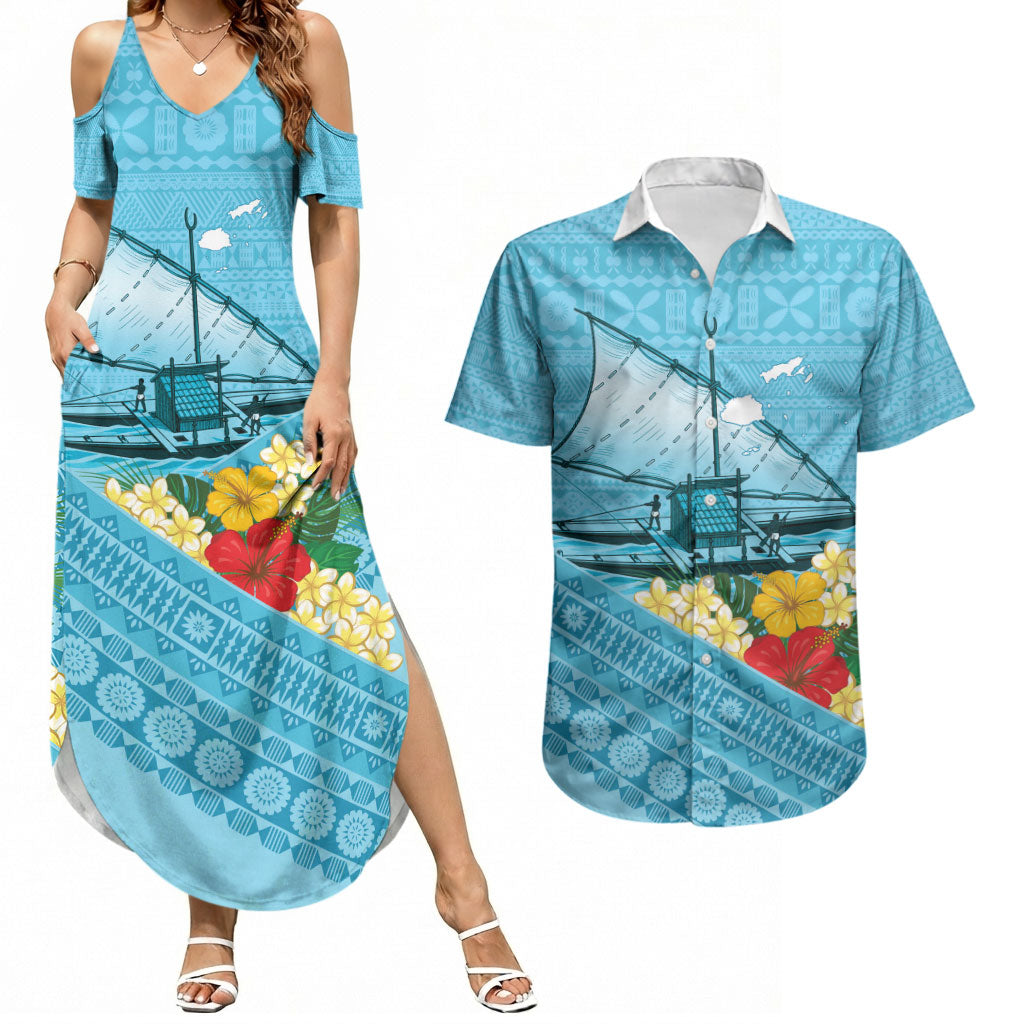 Personalised Bula Vinaka Fiji Drua Couples Matching Summer Maxi Dress and Hawaiian Shirt Fijian Traditional Canoe Tapa Cloth Blue LT14 Blue - Polynesian Pride