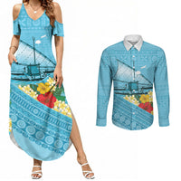 Personalised Bula Vinaka Fiji Drua Couples Matching Summer Maxi Dress and Long Sleeve Button Shirt Fijian Traditional Canoe Tapa Cloth Blue LT14 Blue - Polynesian Pride