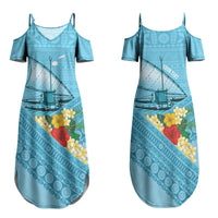 Personalised Bula Vinaka Fiji Drua Couples Matching Summer Maxi Dress and Long Sleeve Button Shirt Fijian Traditional Canoe Tapa Cloth Blue LT14 - Polynesian Pride