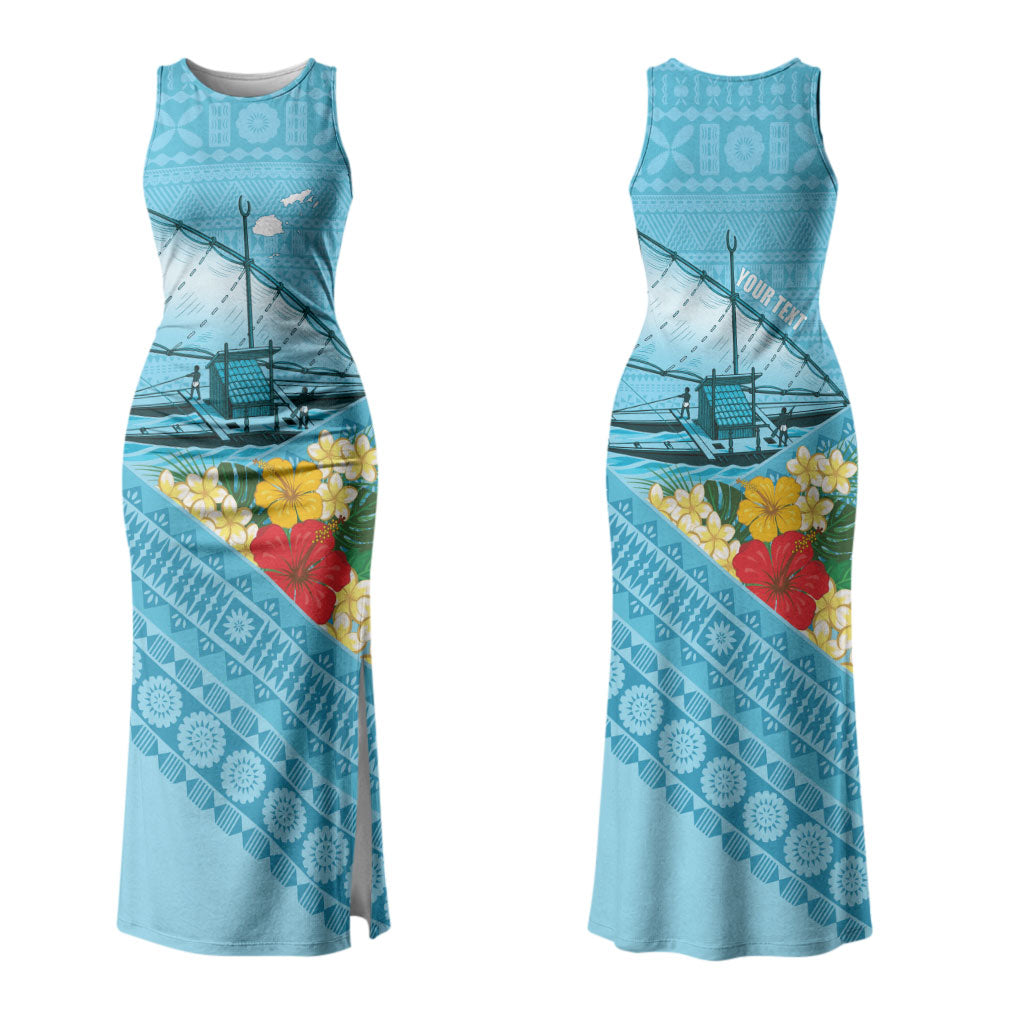 Personalised Bula Vinaka Fiji Drua Couples Matching Tank Maxi Dress and Long Sleeve Button Shirt Fijian Traditional Canoe Tapa Cloth Blue LT14 - Polynesian Pride