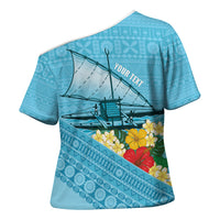 Personalised Bula Vinaka Fiji Drua Cross Shoulder Shirt Fijian Traditional Canoe Tapa Cloth Blue LT14 - Polynesian Pride