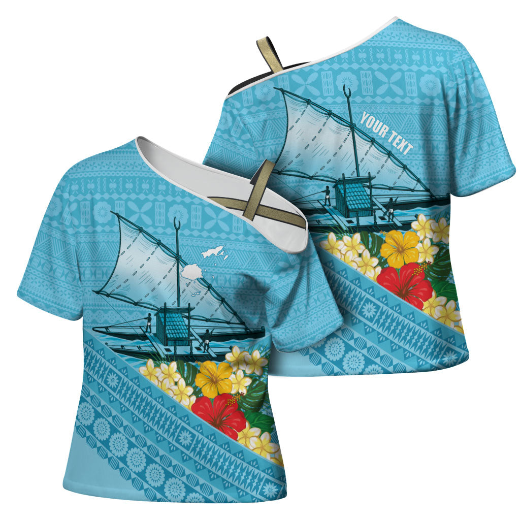 Personalised Bula Vinaka Fiji Drua Cross Shoulder Shirt Fijian Traditional Canoe Tapa Cloth Blue LT14 - Polynesian Pride