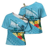 Personalised Bula Vinaka Fiji Drua Cross Shoulder Shirt Fijian Traditional Canoe Tapa Cloth Blue LT14 - Polynesian Pride