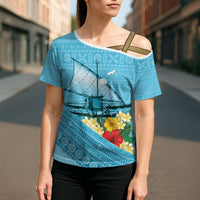 Personalised Bula Vinaka Fiji Drua Cross Shoulder Shirt Fijian Traditional Canoe Tapa Cloth Blue LT14 - Polynesian Pride