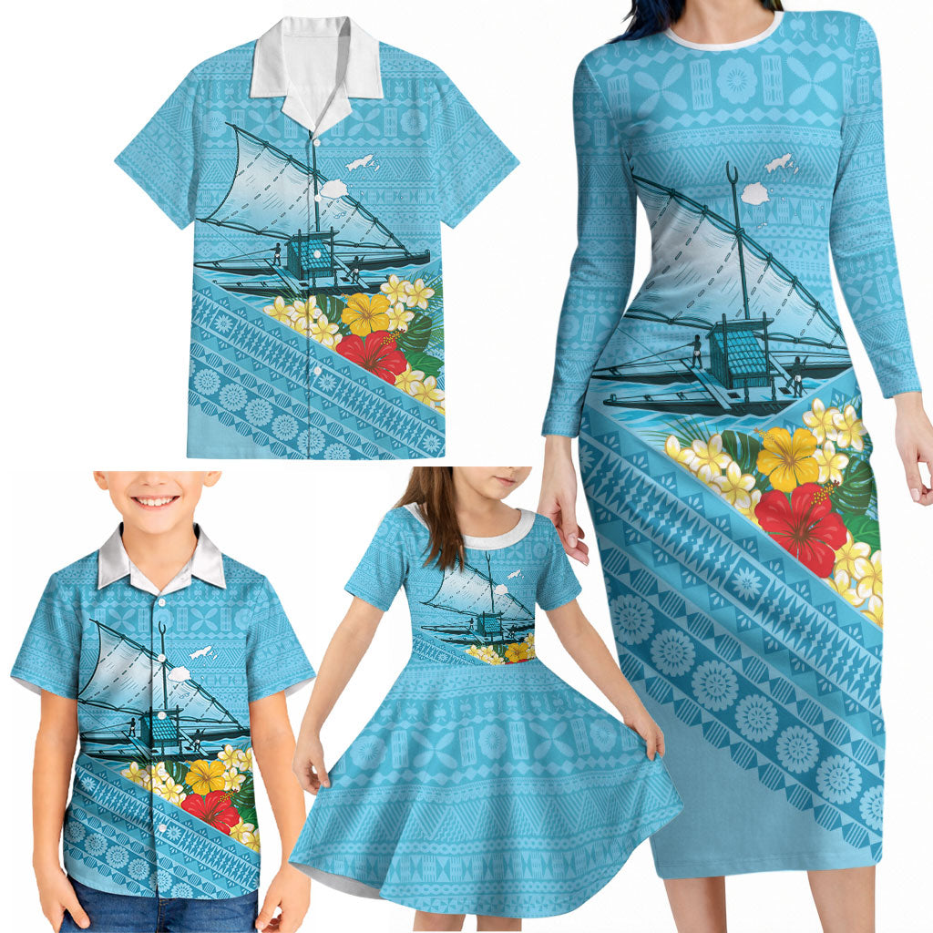 Personalised Bula Vinaka Fiji Drua Family Matching Long Sleeve Bodycon Dress and Hawaiian Shirt Fijian Traditional Canoe Tapa Cloth Blue LT14 - Polynesian Pride