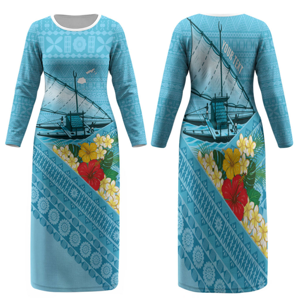 Personalised Bula Vinaka Fiji Drua Family Matching Long Sleeve Bodycon Dress and Hawaiian Shirt Fijian Traditional Canoe Tapa Cloth Blue LT14 Mom's Dress Blue - Polynesian Pride