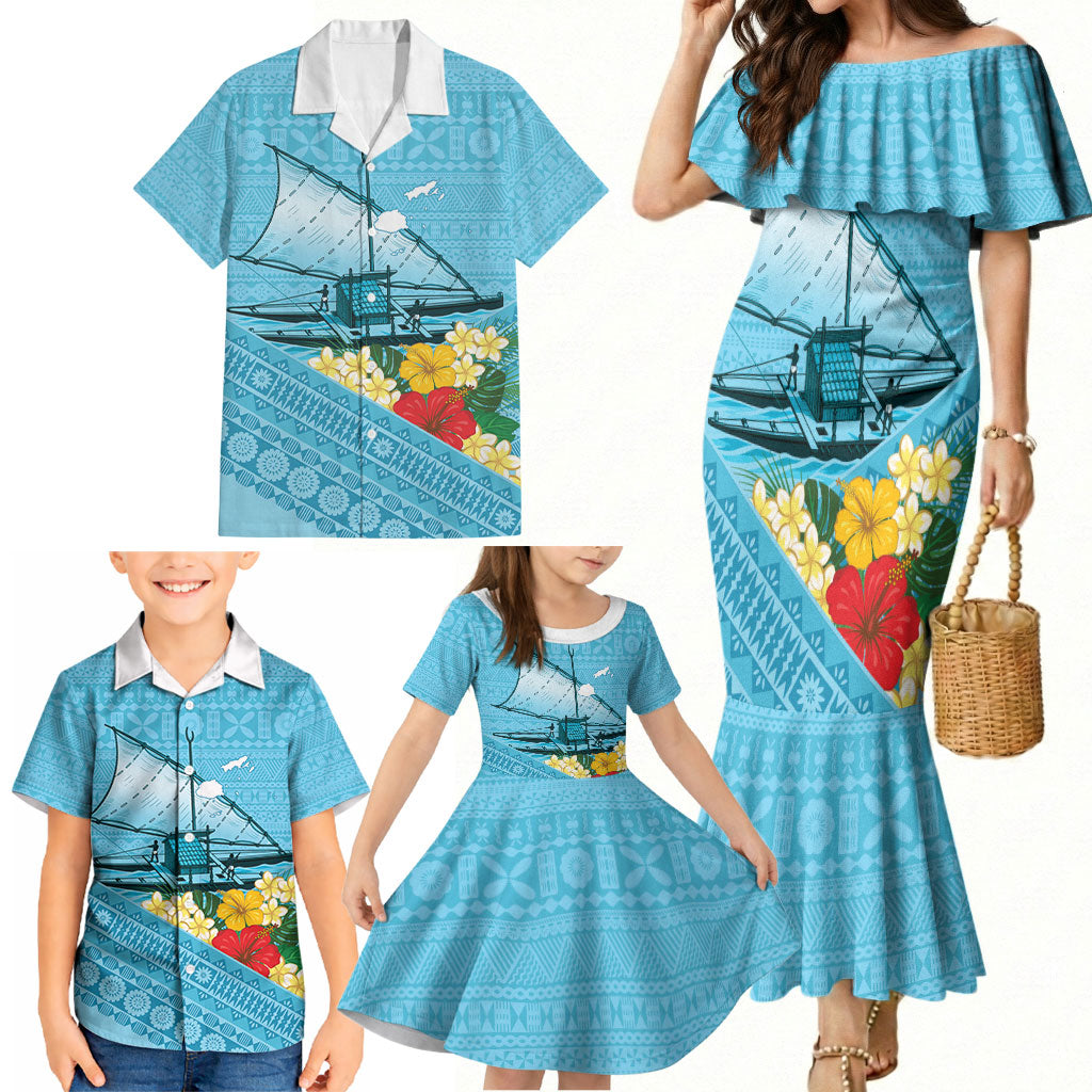 Personalised Bula Vinaka Fiji Drua Family Matching Mermaid Dress and Hawaiian Shirt Fijian Traditional Canoe Tapa Cloth Blue LT14 - Polynesian Pride