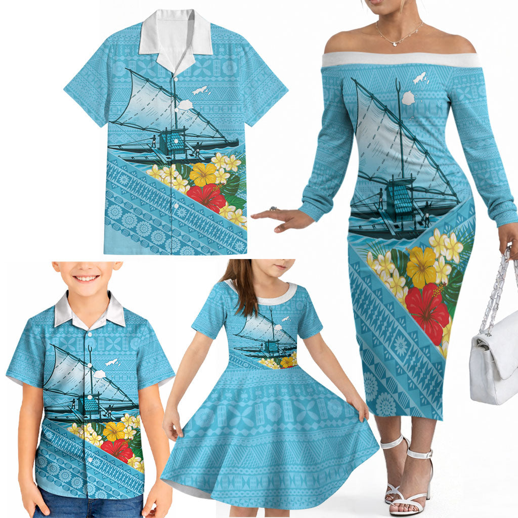 Personalised Bula Vinaka Fiji Drua Family Matching Off The Shoulder Long Sleeve Dress and Hawaiian Shirt Fijian Traditional Canoe Tapa Cloth Blue LT14 - Polynesian Pride