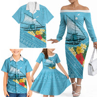 Personalised Bula Vinaka Fiji Drua Family Matching Off The Shoulder Long Sleeve Dress and Hawaiian Shirt Fijian Traditional Canoe Tapa Cloth Blue LT14 - Polynesian Pride