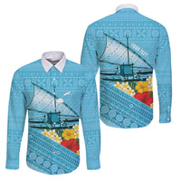 Personalised Bula Vinaka Fiji Drua Family Matching Off The Shoulder Long Sleeve Dress and Hawaiian Shirt Fijian Traditional Canoe Tapa Cloth Blue LT14 Dad's Shirt - Long Sleeve Blue - Polynesian Pride