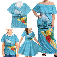 Personalised Bula Vinaka Fiji Drua Family Matching Off Shoulder Maxi Dress and Hawaiian Shirt Fijian Traditional Canoe Tapa Cloth Blue LT14 - Polynesian Pride