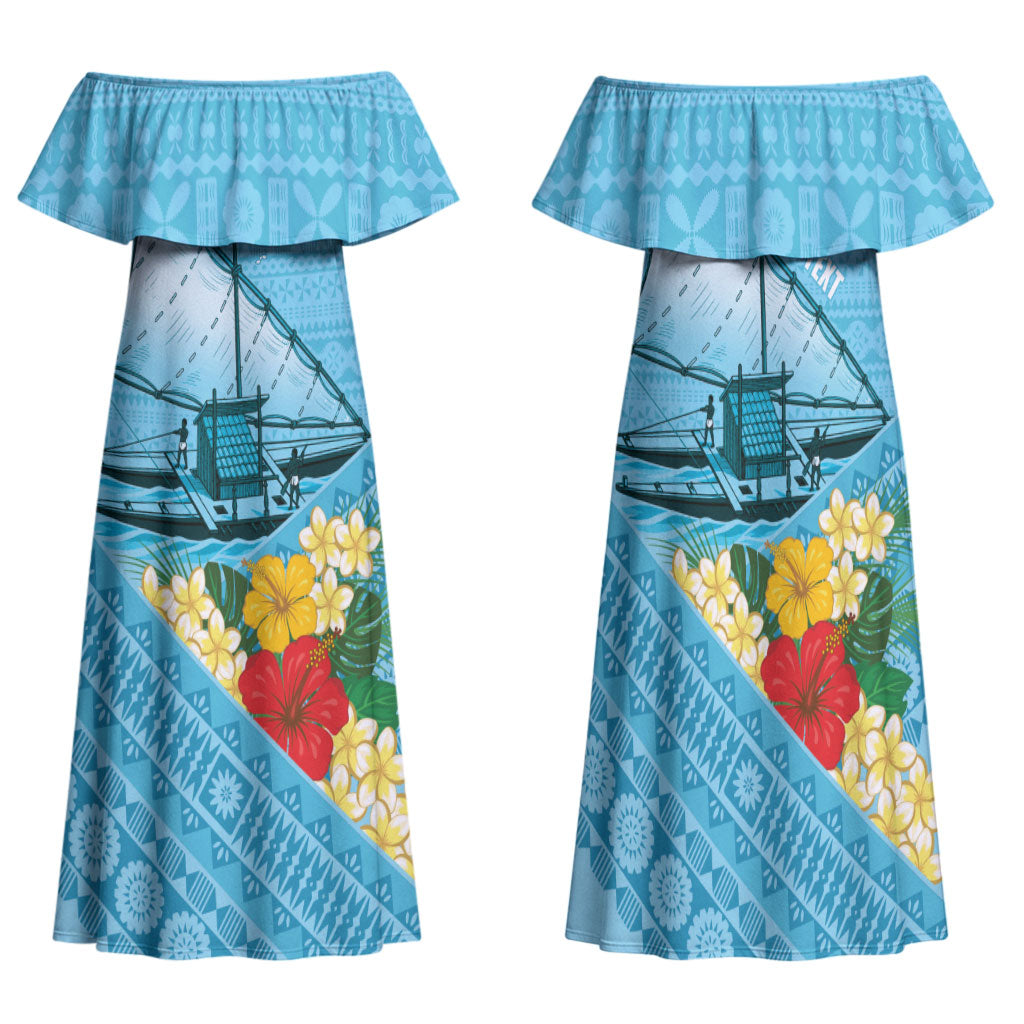 Personalised Bula Vinaka Fiji Drua Family Matching Off Shoulder Maxi Dress and Hawaiian Shirt Fijian Traditional Canoe Tapa Cloth Blue LT14 Mom's Dress Blue - Polynesian Pride