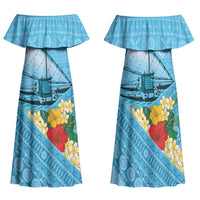 Personalised Bula Vinaka Fiji Drua Family Matching Off Shoulder Maxi Dress and Hawaiian Shirt Fijian Traditional Canoe Tapa Cloth Blue LT14 Mom's Dress Blue - Polynesian Pride
