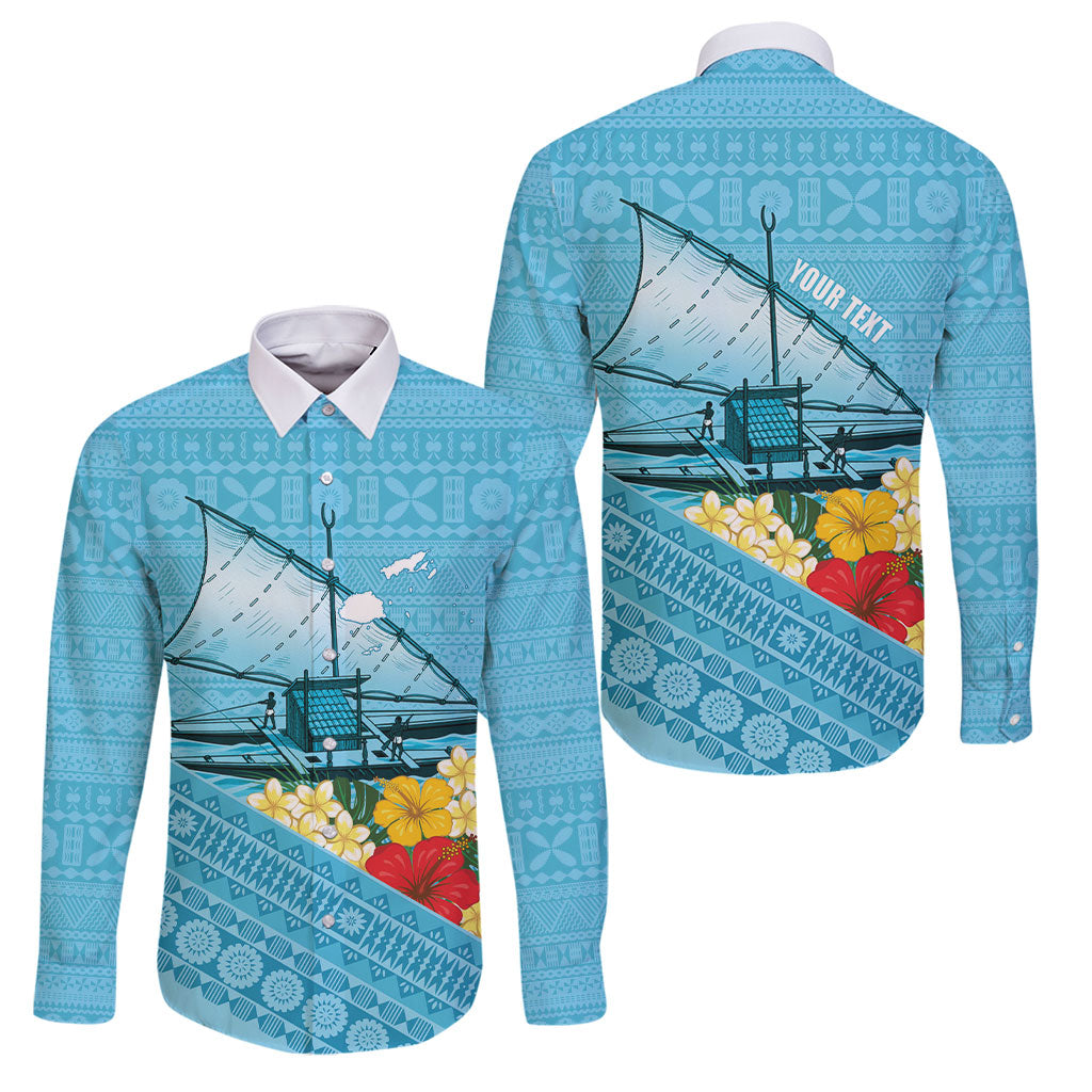 Personalised Bula Vinaka Fiji Drua Family Matching Off Shoulder Maxi Dress and Hawaiian Shirt Fijian Traditional Canoe Tapa Cloth Blue LT14 Dad's Shirt - Long Sleeve Blue - Polynesian Pride
