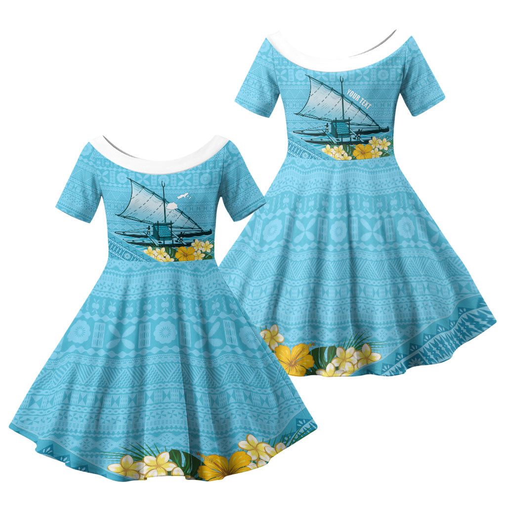 Personalised Bula Vinaka Fiji Drua Family Matching Off Shoulder Maxi Dress and Hawaiian Shirt Fijian Traditional Canoe Tapa Cloth Blue LT14 Daughter's Dress Blue - Polynesian Pride