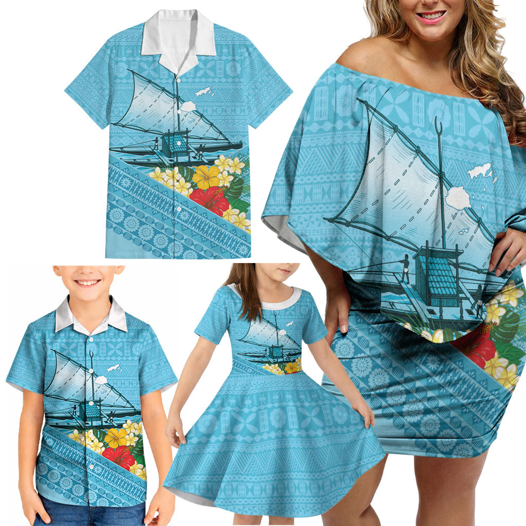 Personalised Bula Vinaka Fiji Drua Family Matching Off Shoulder Short Dress and Hawaiian Shirt Fijian Traditional Canoe Tapa Cloth Blue LT14 - Polynesian Pride