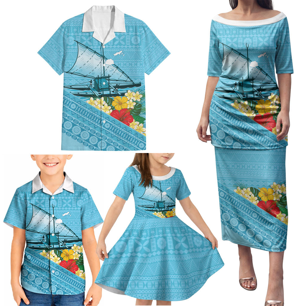 Personalised Bula Vinaka Fiji Drua Family Matching Puletasi and Hawaiian Shirt Fijian Traditional Canoe Tapa Cloth Blue