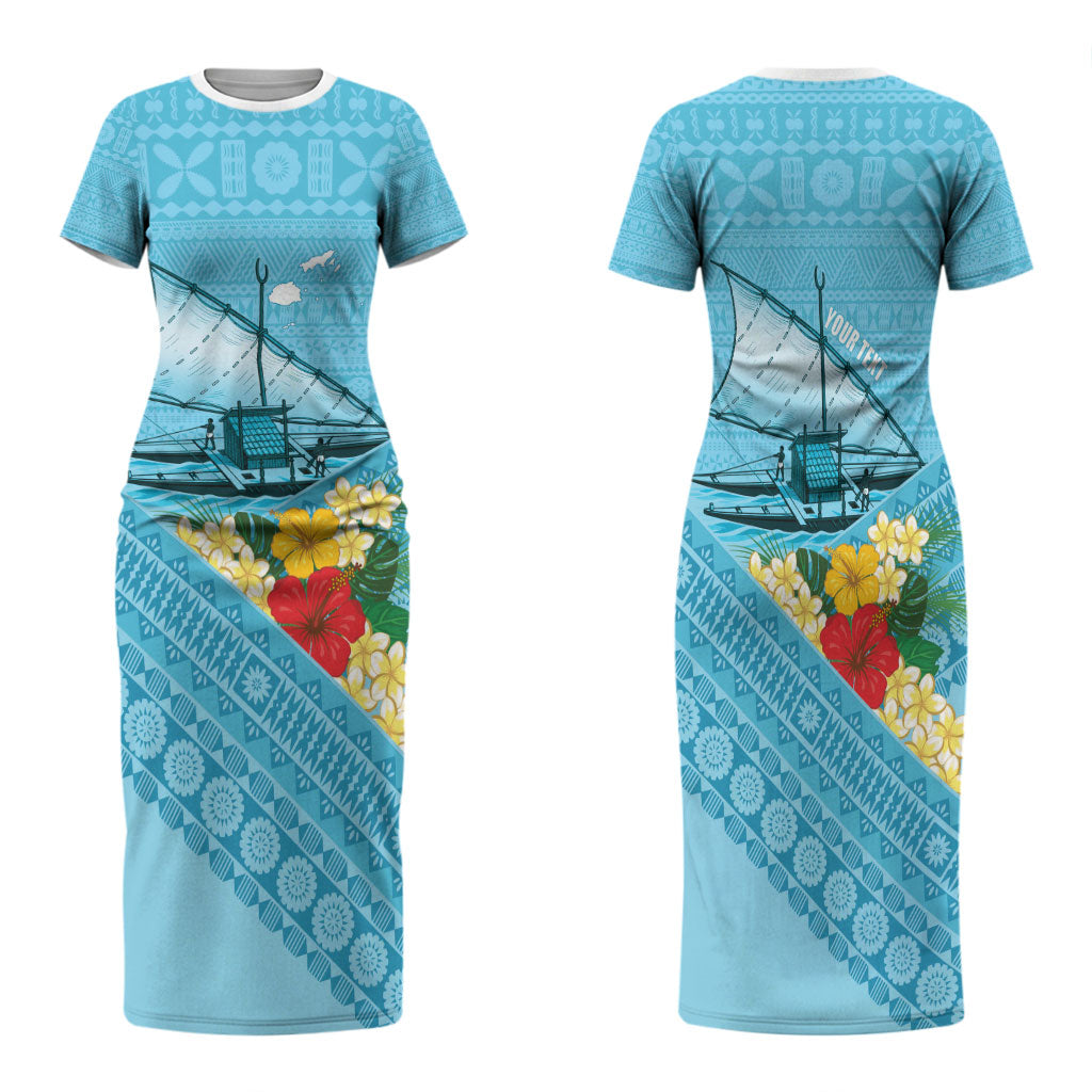 Personalised Bula Vinaka Fiji Drua Family Matching Short Sleeve Bodycon Dress and Hawaiian Shirt Fijian Traditional Canoe Tapa Cloth Blue LT14 Mom's Dress Blue - Polynesian Pride