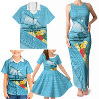 Personalised Bula Vinaka Fiji Drua Family Matching Tank Maxi Dress and Hawaiian Shirt Fijian Traditional Canoe Tapa Cloth Blue LT14 - Polynesian Pride