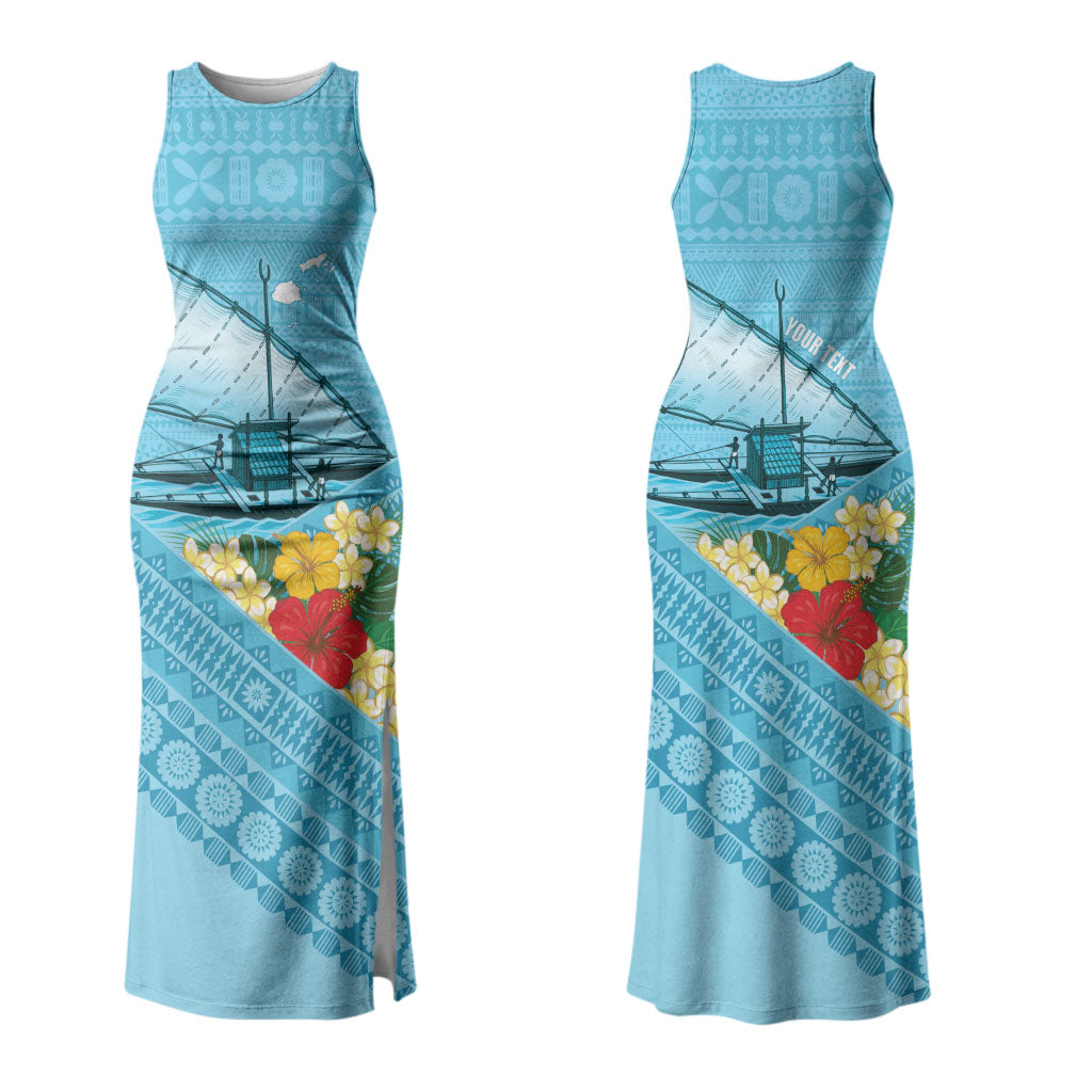 Personalised Bula Vinaka Fiji Drua Family Matching Tank Maxi Dress and Hawaiian Shirt Fijian Traditional Canoe Tapa Cloth Blue LT14 Mom's Dress Blue - Polynesian Pride