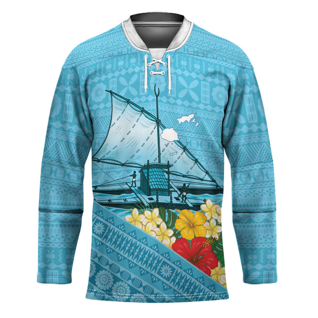 Personalised Bula Vinaka Fiji Drua Hockey Jersey Fijian Traditional Canoe Tapa Cloth Blue LT14 Unisex Blue - Polynesian Pride