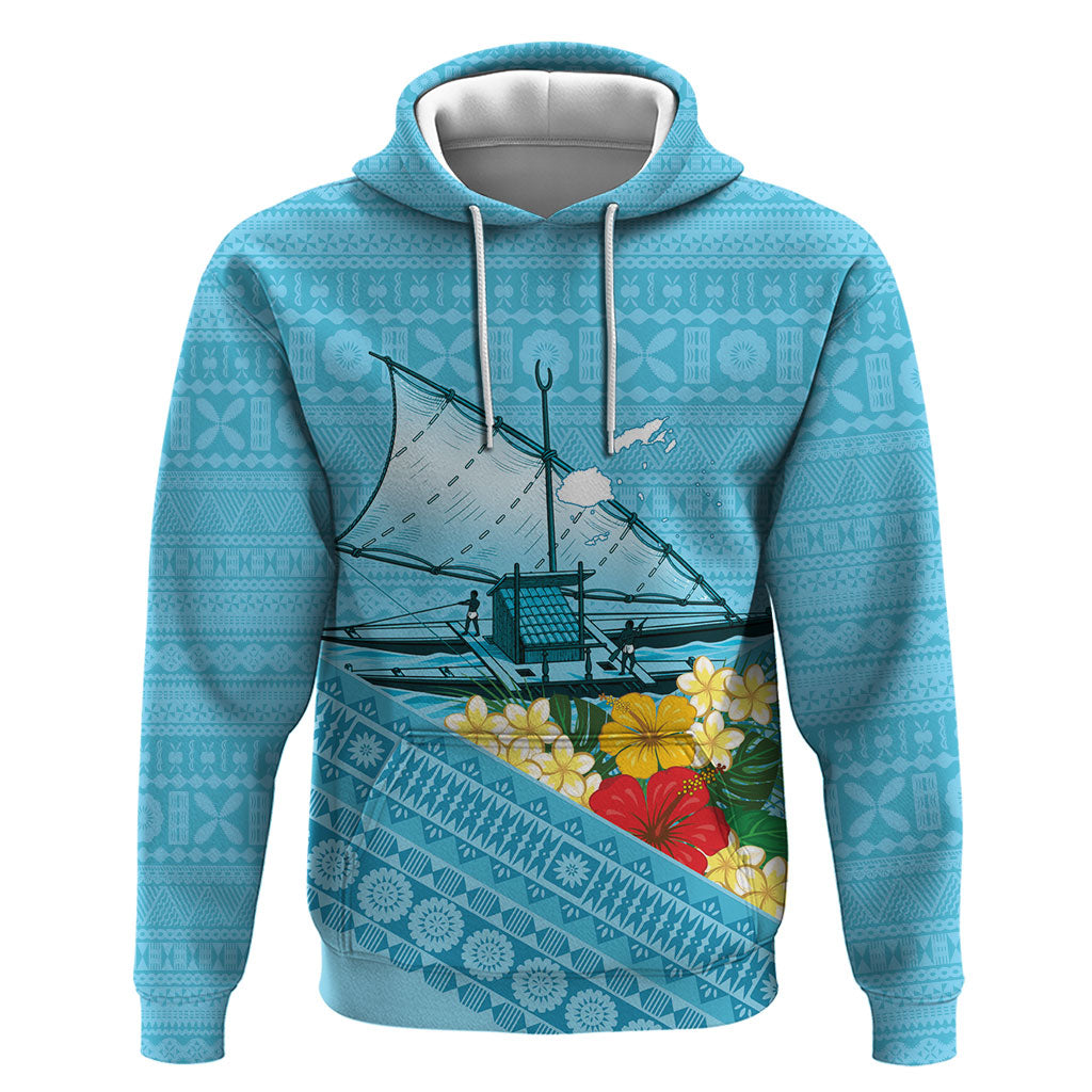 Personalised Bula Vinaka Fiji Drua Hoodie Fijian Traditional Canoe Tapa Cloth Blue LT14 Pullover Hoodie Blue - Polynesian Pride