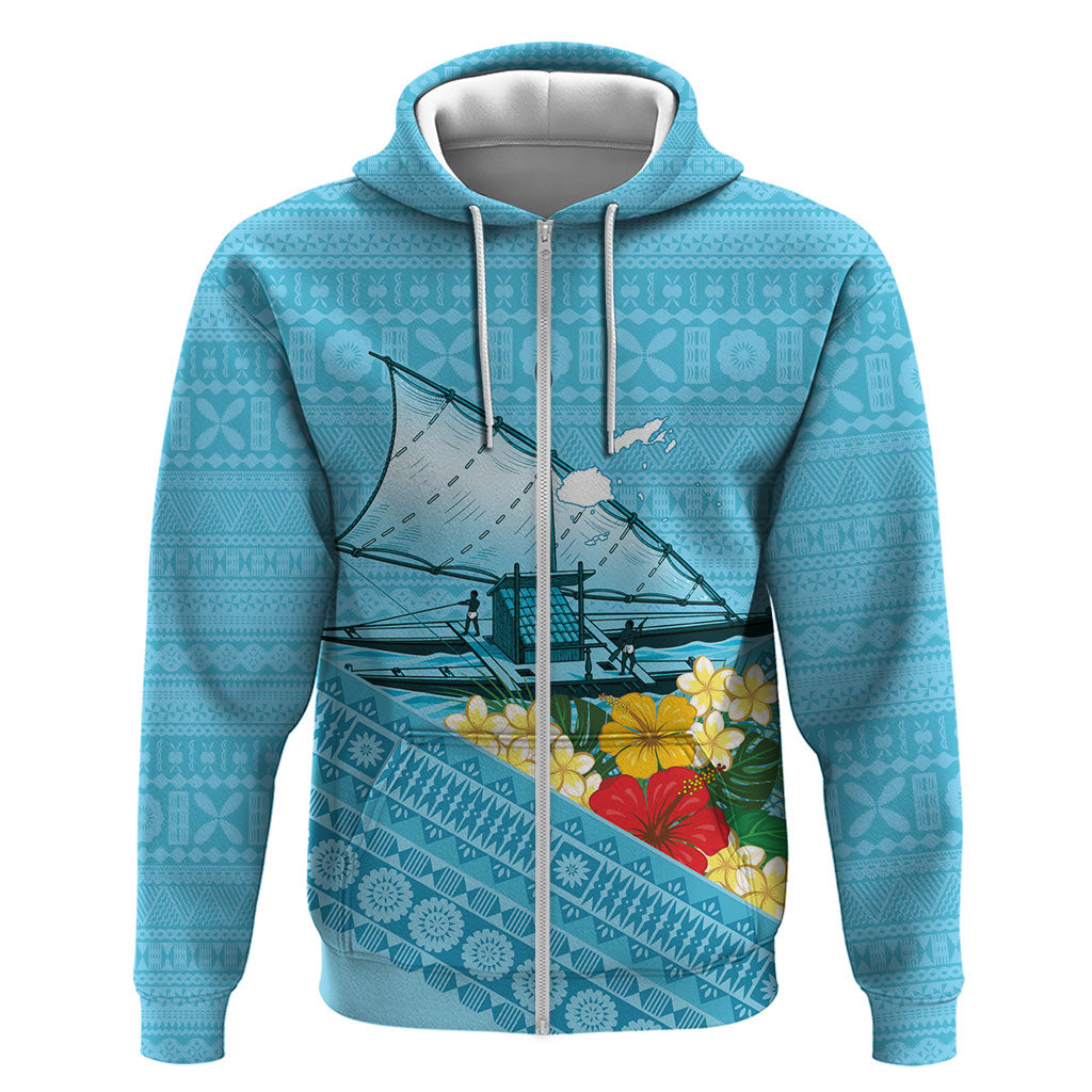 Personalised Bula Vinaka Fiji Drua Hoodie Fijian Traditional Canoe Tapa Cloth Blue LT14 Zip Hoodie Blue - Polynesian Pride