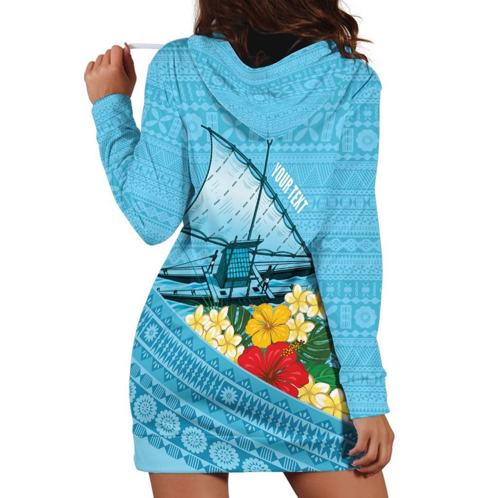 Personalised Bula Vinaka Fiji Drua Hoodie Dress Fijian Traditional Canoe Tapa Cloth Blue LT14 - Polynesian Pride
