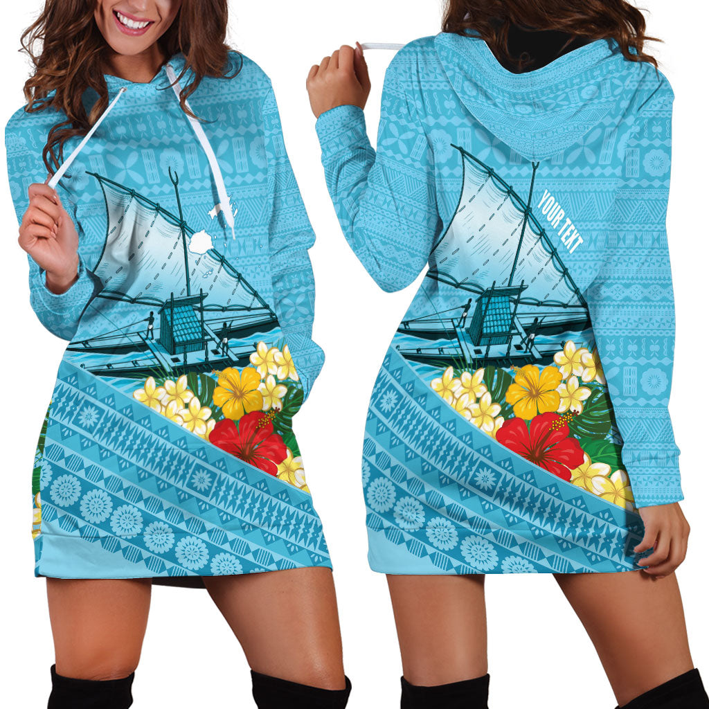 Personalised Bula Vinaka Fiji Drua Hoodie Dress Fijian Traditional Canoe Tapa Cloth Blue LT14 - Polynesian Pride