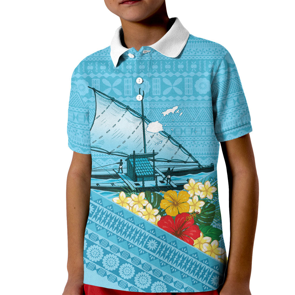 Personalised Bula Vinaka Fiji Drua Kid Polo Shirt Fijian Traditional Canoe Tapa Cloth Blue LT14 Kid Blue - Polynesian Pride