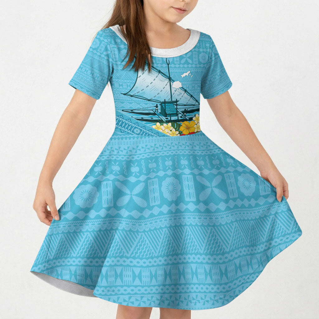 Personalised Bula Vinaka Fiji Drua Kid Short Sleeve Dress Fijian Traditional Canoe Tapa Cloth Blue