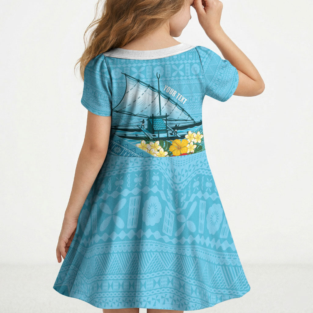 Personalised Bula Vinaka Fiji Drua Kid Short Sleeve Dress Fijian Traditional Canoe Tapa Cloth Blue LT14 - Polynesian Pride