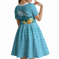 Personalised Bula Vinaka Fiji Drua Kid Short Sleeve Dress Fijian Traditional Canoe Tapa Cloth Blue LT14 - Polynesian Pride
