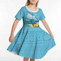Personalised Bula Vinaka Fiji Drua Kid Short Sleeve Dress Fijian Traditional Canoe Tapa Cloth Blue LT14 - Polynesian Pride