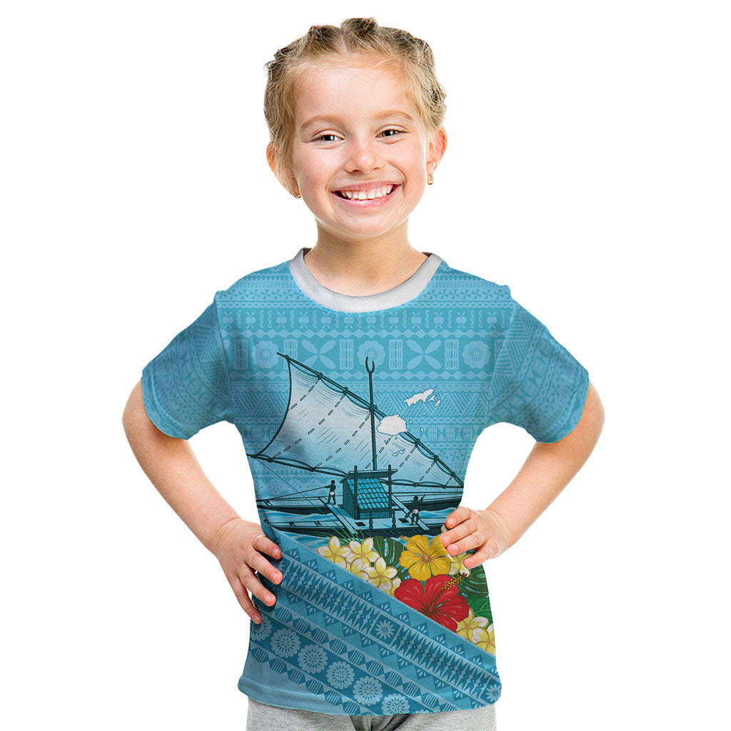 Personalised Bula Vinaka Fiji Drua Kid T Shirt Fijian Traditional Canoe Tapa Cloth Blue LT14 Blue - Polynesian Pride
