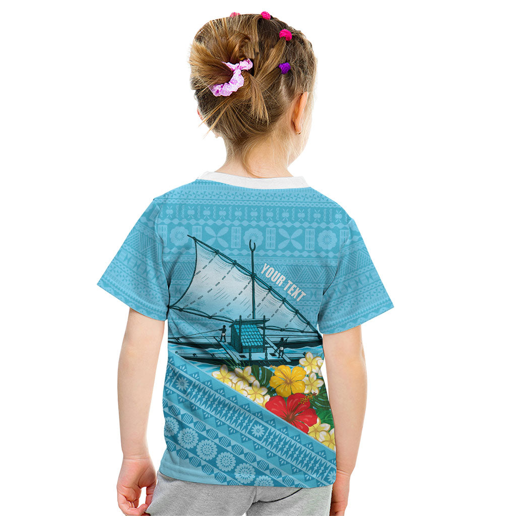 Personalised Bula Vinaka Fiji Drua Kid T Shirt Fijian Traditional Canoe Tapa Cloth Blue LT14 - Polynesian Pride