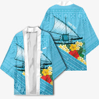 Personalised Bula Vinaka Fiji Drua Kimono Fijian Traditional Canoe Tapa Cloth Blue LT14 - Polynesian Pride