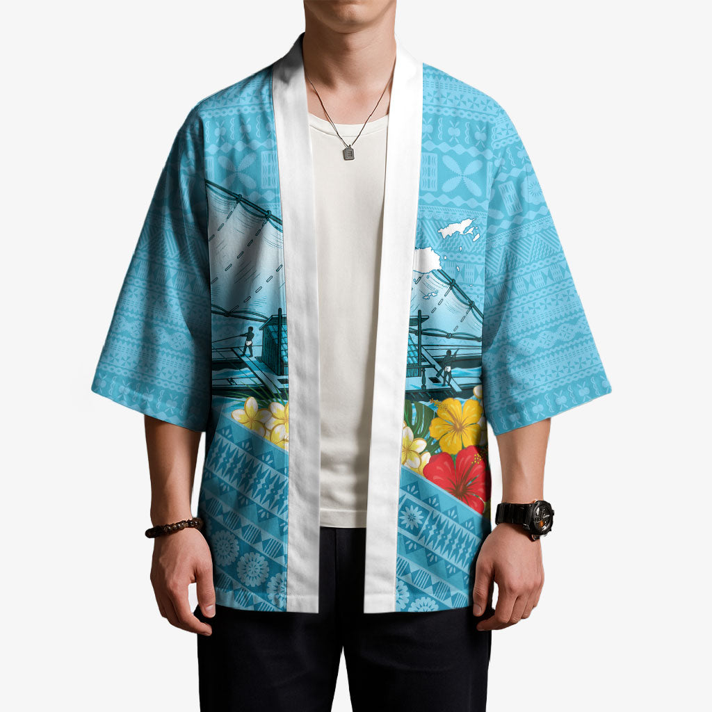 Personalised Bula Vinaka Fiji Drua Kimono Fijian Traditional Canoe Tapa Cloth Blue LT14 - Polynesian Pride