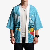 Personalised Bula Vinaka Fiji Drua Kimono Fijian Traditional Canoe Tapa Cloth Blue LT14 - Polynesian Pride