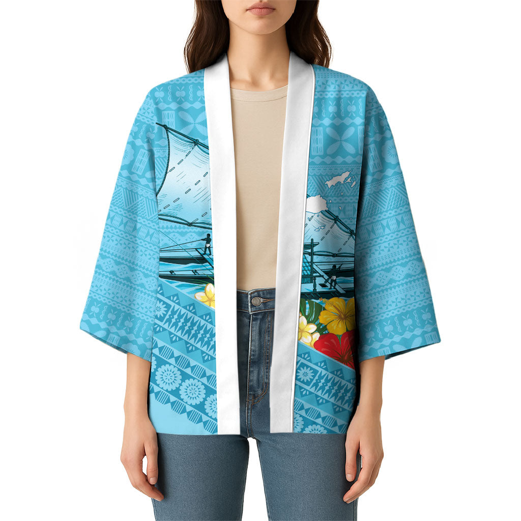 Personalised Bula Vinaka Fiji Drua Kimono Fijian Traditional Canoe Tapa Cloth Blue LT14 - Polynesian Pride