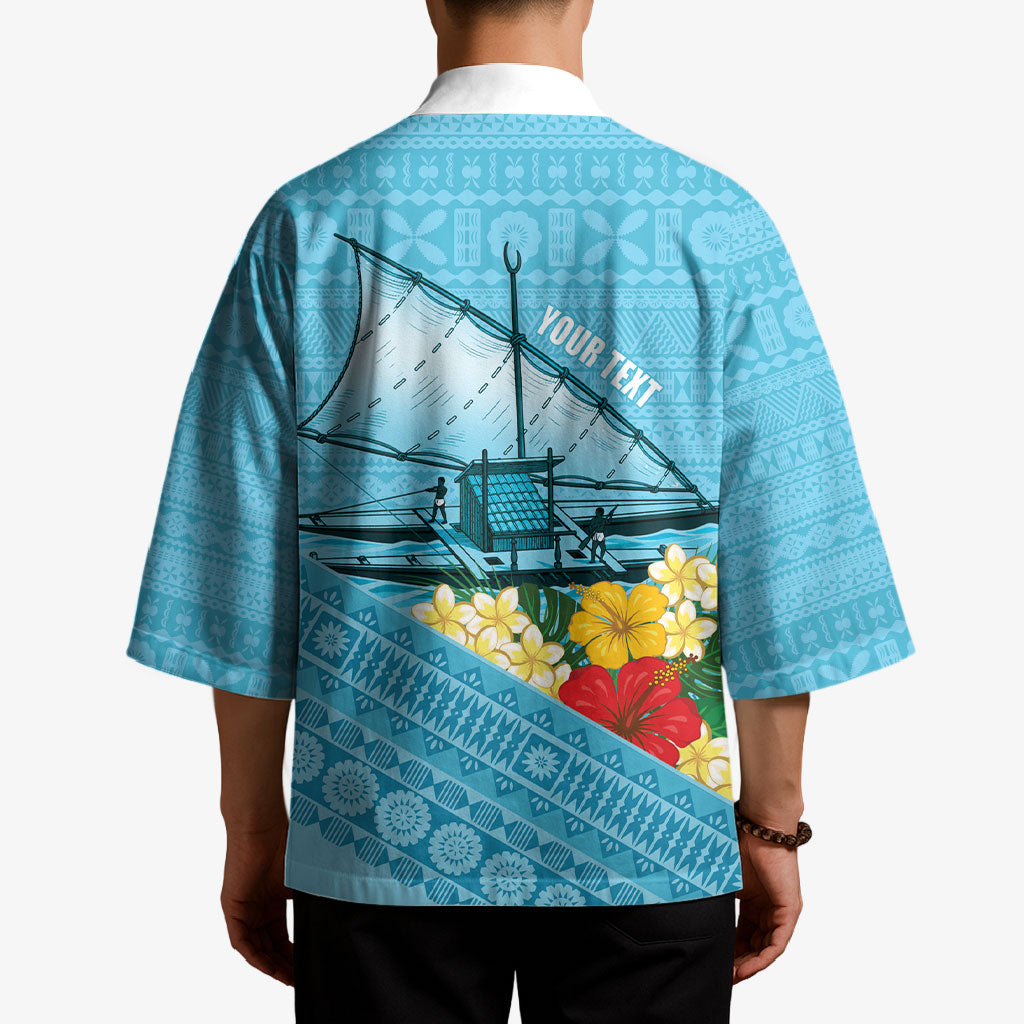 Personalised Bula Vinaka Fiji Drua Kimono Fijian Traditional Canoe Tapa Cloth Blue LT14 - Polynesian Pride