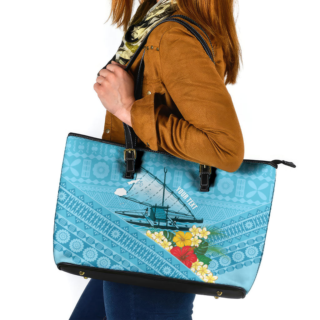 Personalised Bula Vinaka Fiji Drua Leather Tote Bag Fijian Traditional Canoe Tapa Cloth Blue LT14 Blue - Polynesian Pride