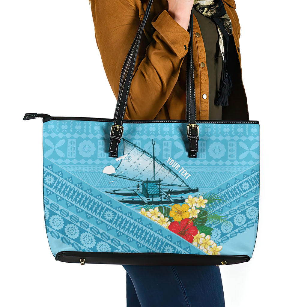 Personalised Bula Vinaka Fiji Drua Leather Tote Bag Fijian Traditional Canoe Tapa Cloth Blue LT14 - Polynesian Pride