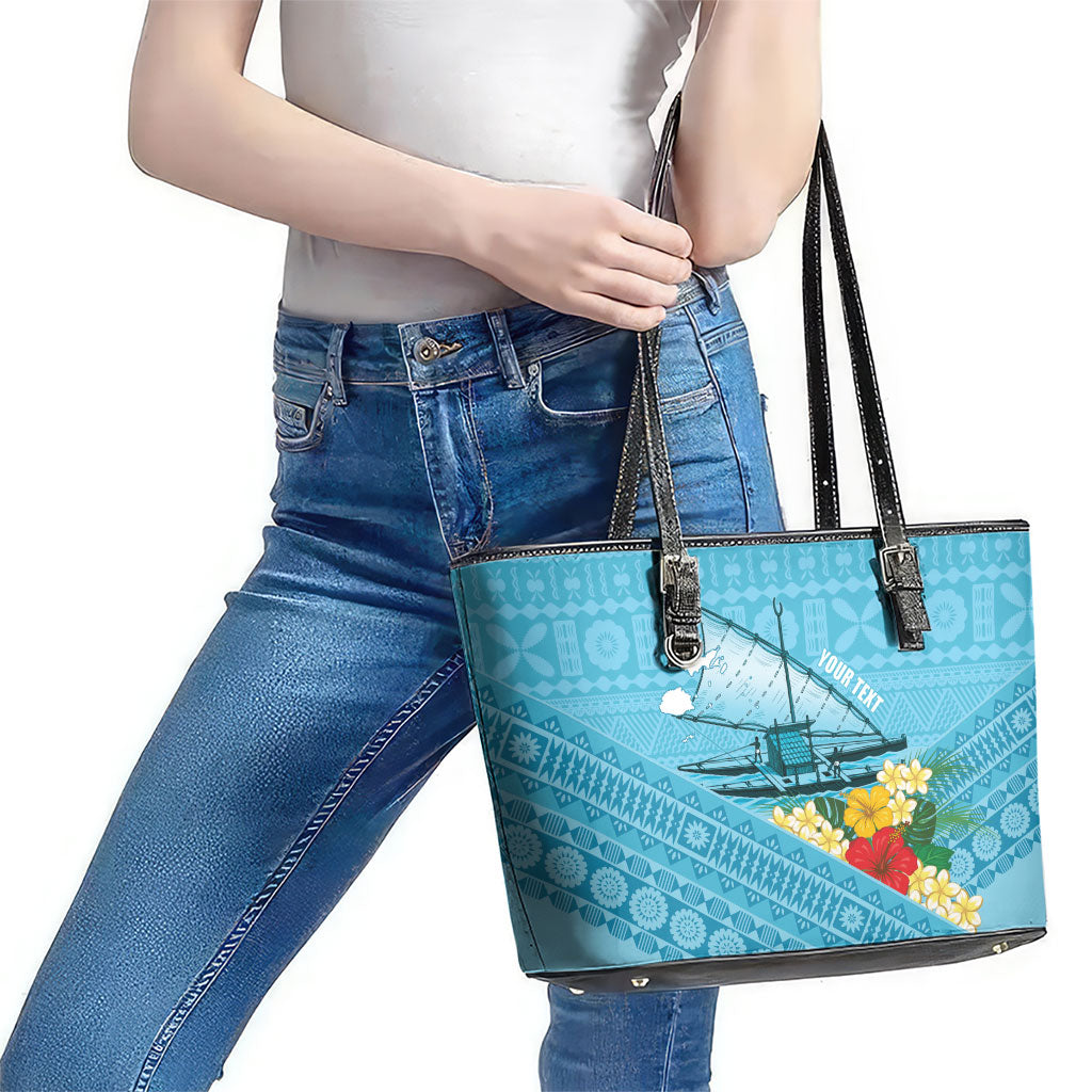 Personalised Bula Vinaka Fiji Drua Leather Tote Bag Fijian Traditional Canoe Tapa Cloth Blue LT14 - Polynesian Pride